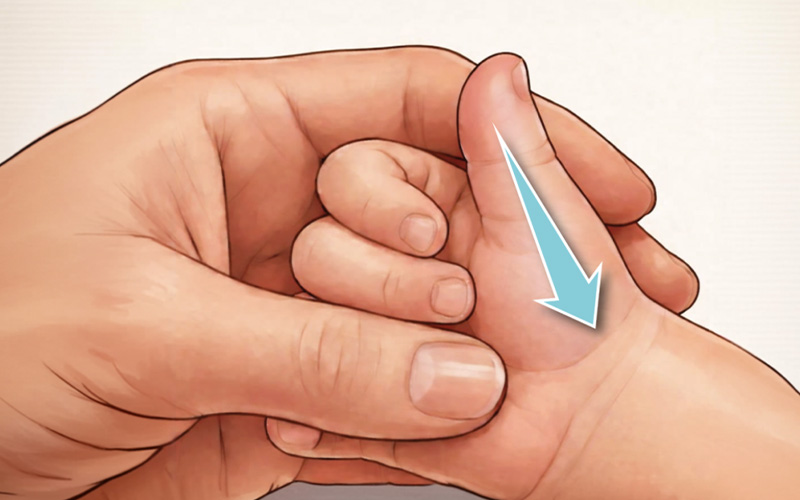 Diagram showing massage direction on a child's thumb and palm.