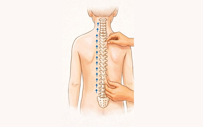 Hands performing upward massage along a child's spine.