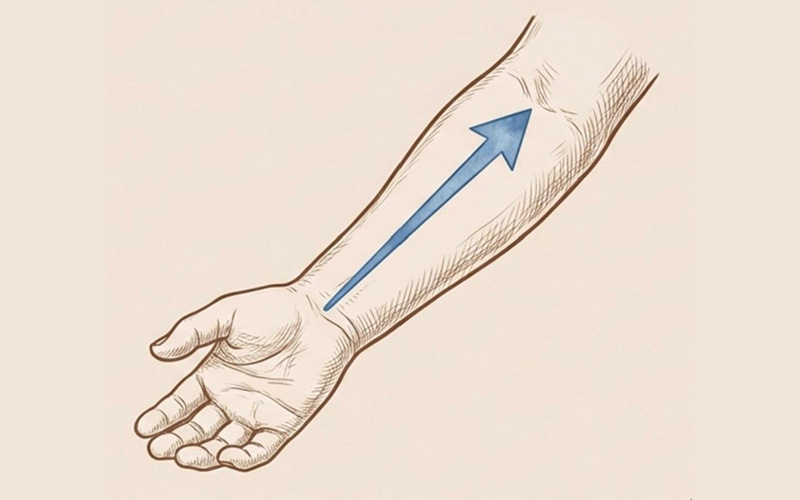 Illustration showing upward massage stroke on a child's forearm.