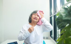 Woman experiencing hot flashes and sweating during menopause transition.