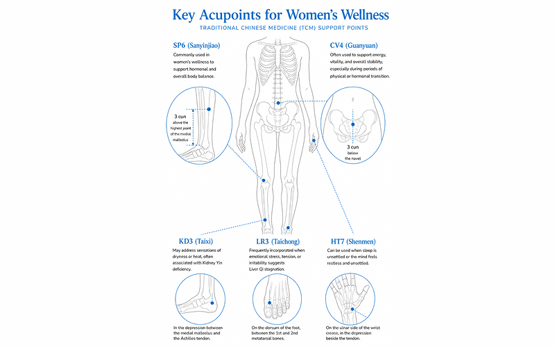 Infographic showing key TCM acupoints for women's hormonal wellness.