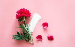 Red peony and sanitary pad representing a menstrual cycle.